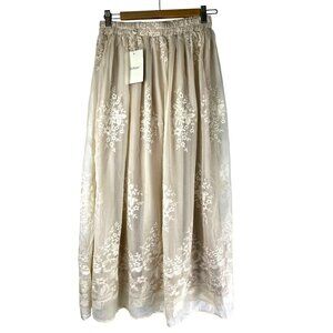 Boho Lace Cottage Core Embroidered Bohme Lace Sheer Maxi Skirt, Women's Small